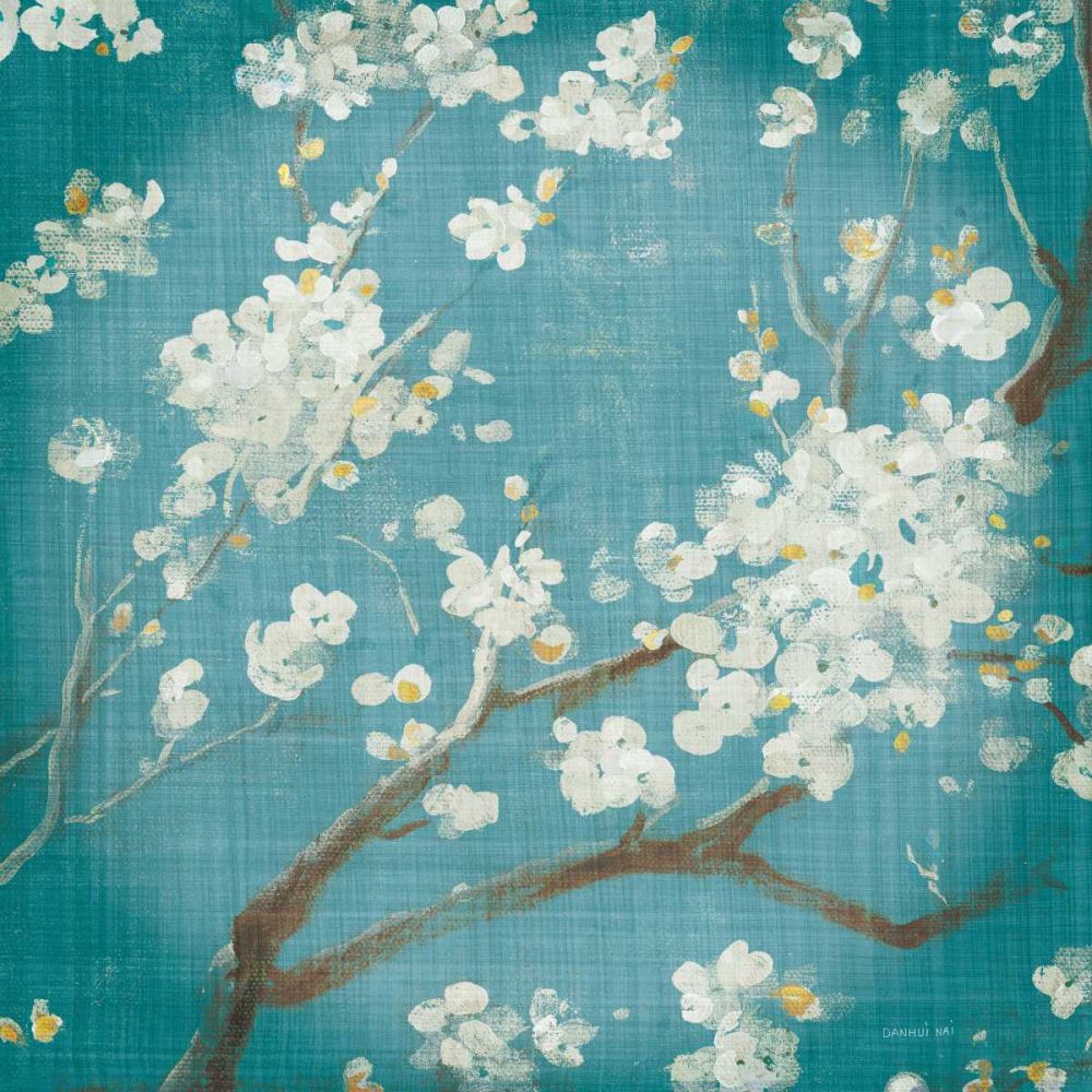 White Cherry Blossoms I on Teal Aged no Bird art print by Danhui Nai for $57.95 CAD