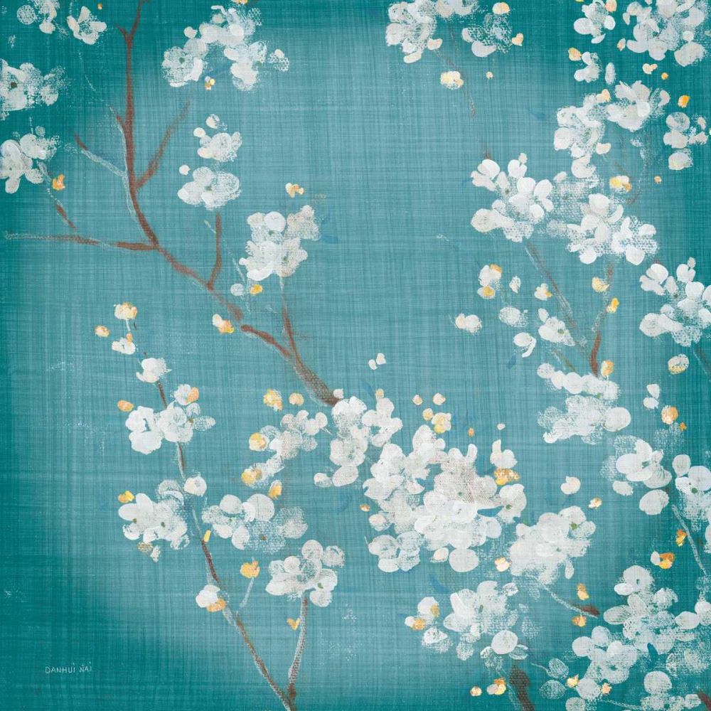 White Cherry Blossoms II on Teal Aged no Bird art print by Danhui Nai for $57.95 CAD