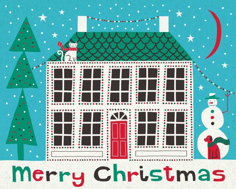 Jolly Holiday Home on Blue Merry Christmas art print by Michael Mullan for $57.95 CAD