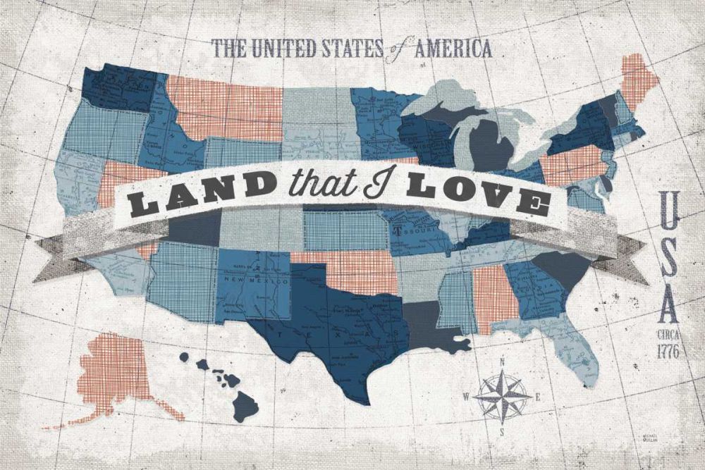 USA Modern Vintage Blue Grey Red with Words art print by Michael Mullan for $57.95 CAD