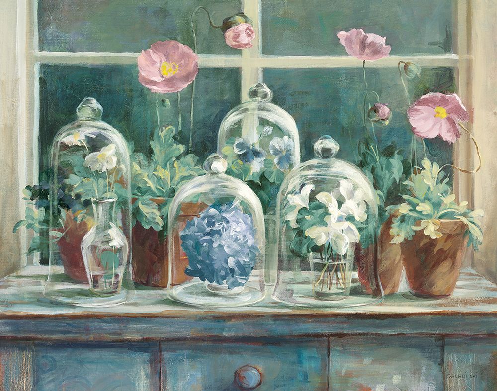 Pink Poppies Windowsill Sage Crop art print by Danhui Nai for $57.95 CAD