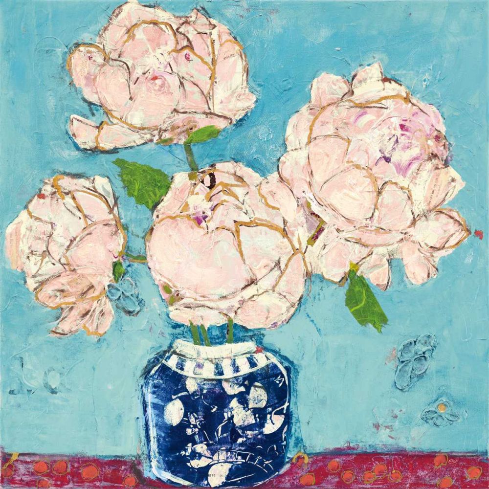 Vase of Peonies Aqua Coral art print by Kellie Day for $57.95 CAD