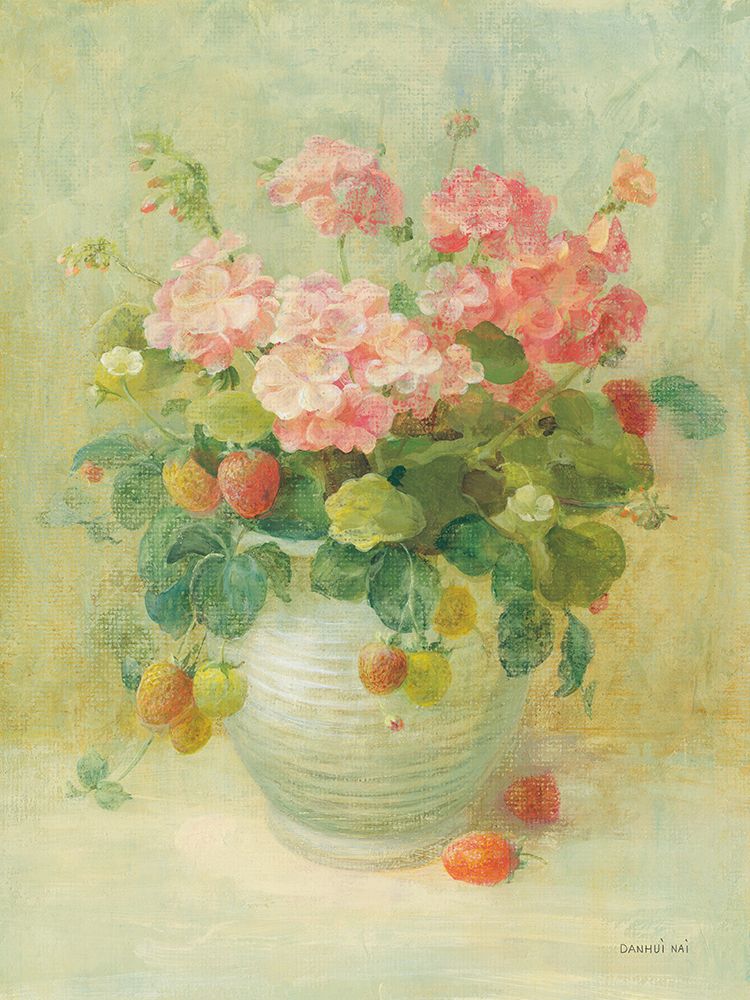 Pink Geraniums with Strawberries art print by Danhui Nai for $57.95 CAD