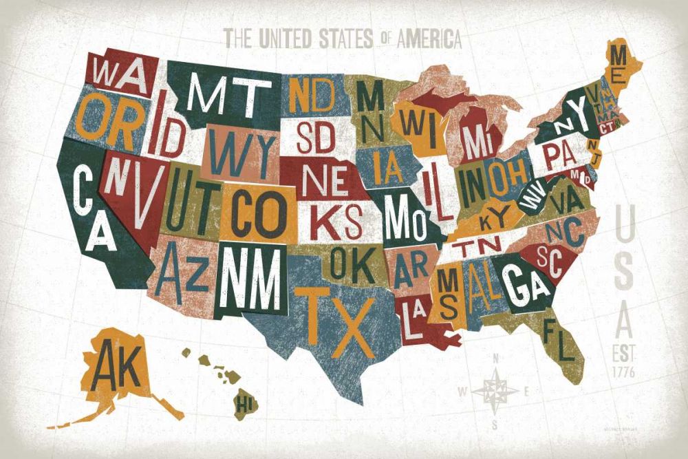 Letterpress USA Map Warm art print by Michael Mullan for $57.95 CAD