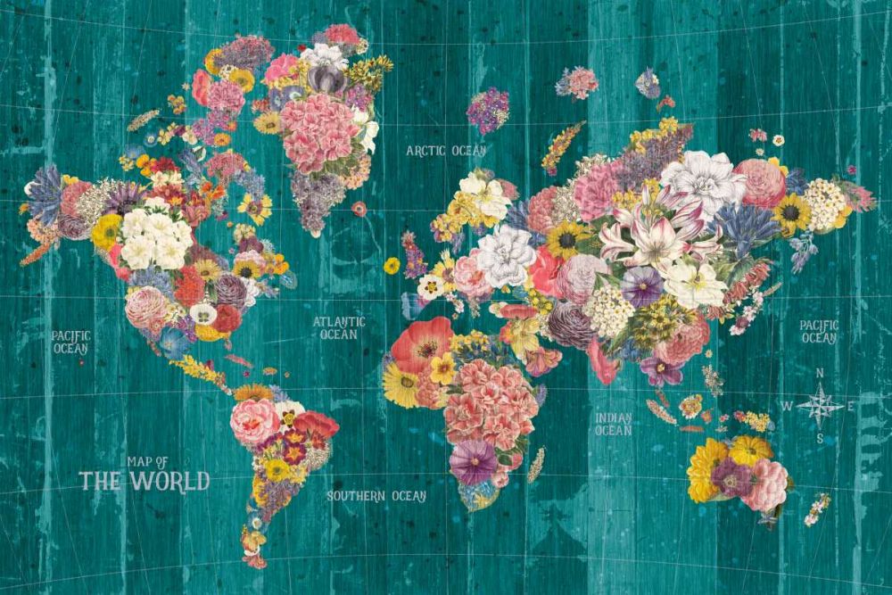 Botanical Floral Map Words Aqua art print by Wild Apple Portfolio for $57.95 CAD