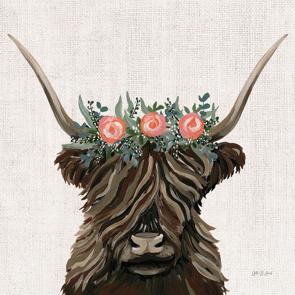 Longhorn with Rose Crown Linen Sq art print by Yvette St. Amant for $57.95 CAD