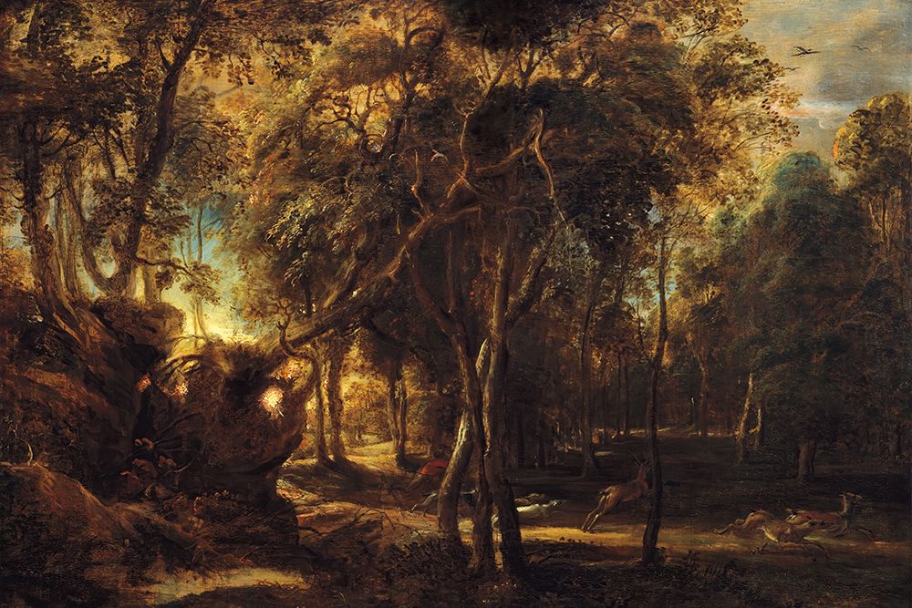 A Forest at Dawn with a Deer Hunt art print by Public Domain for $57.95 CAD