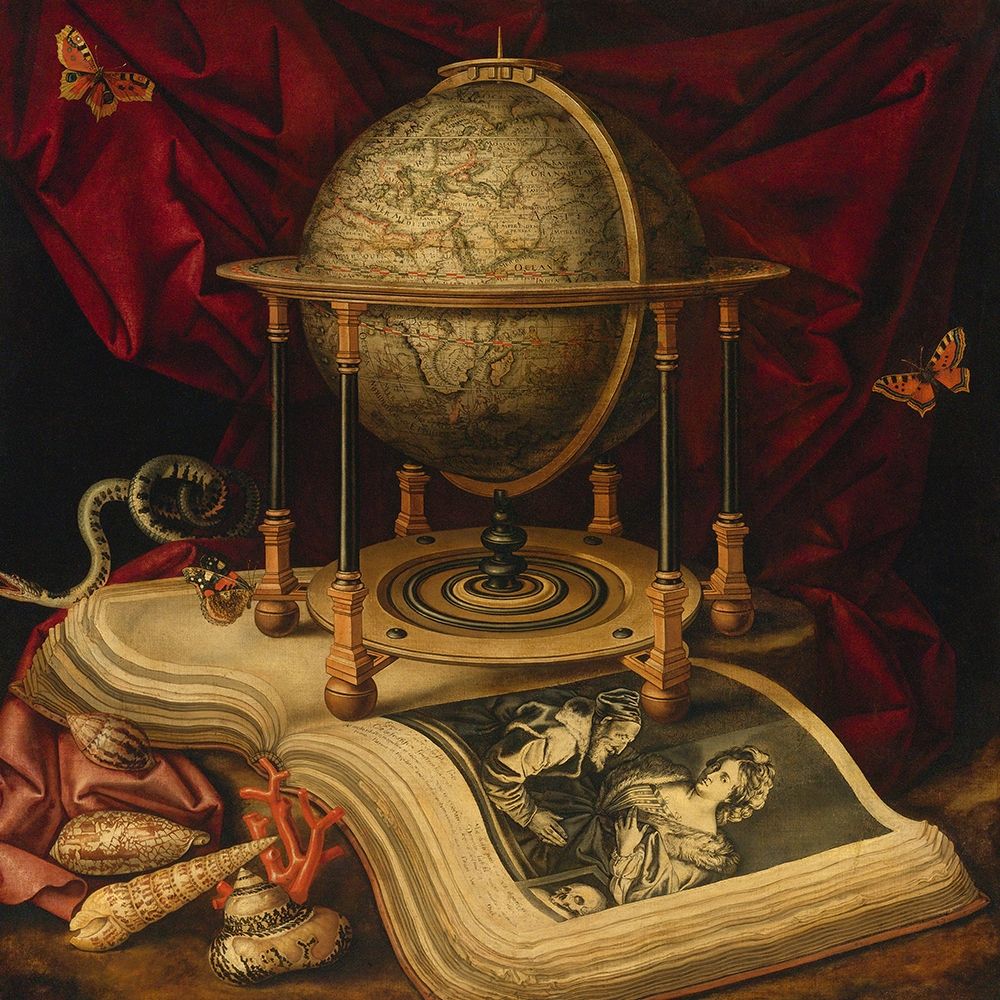 Still Life with Celestial Globe, a Book, Shells, a Snake and Butterflies art print by Carstian Luyckx for $57.95 CAD