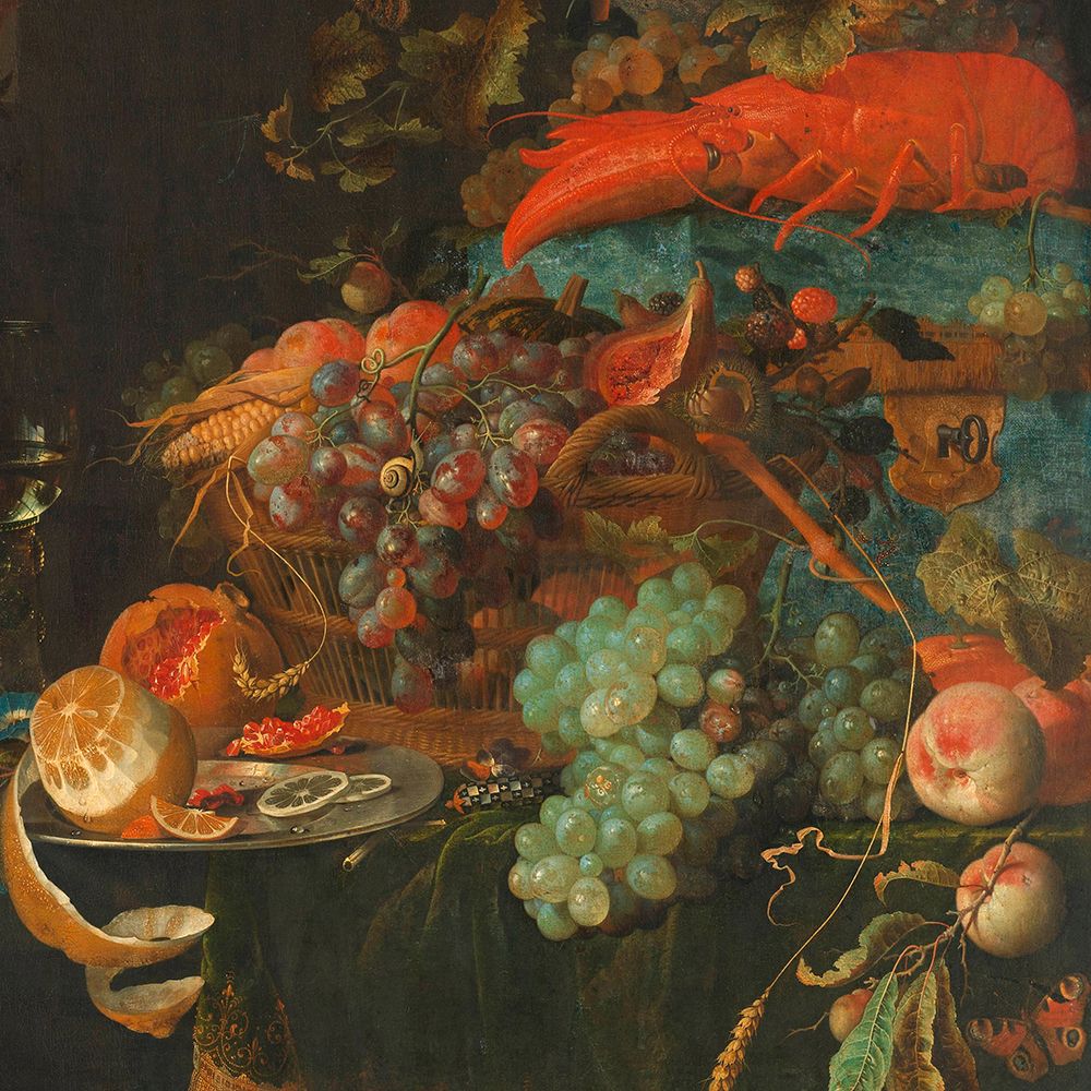 Still Life with Fruit and a Goldfinch (detail) art print by Abraham Mignon for $57.95 CAD