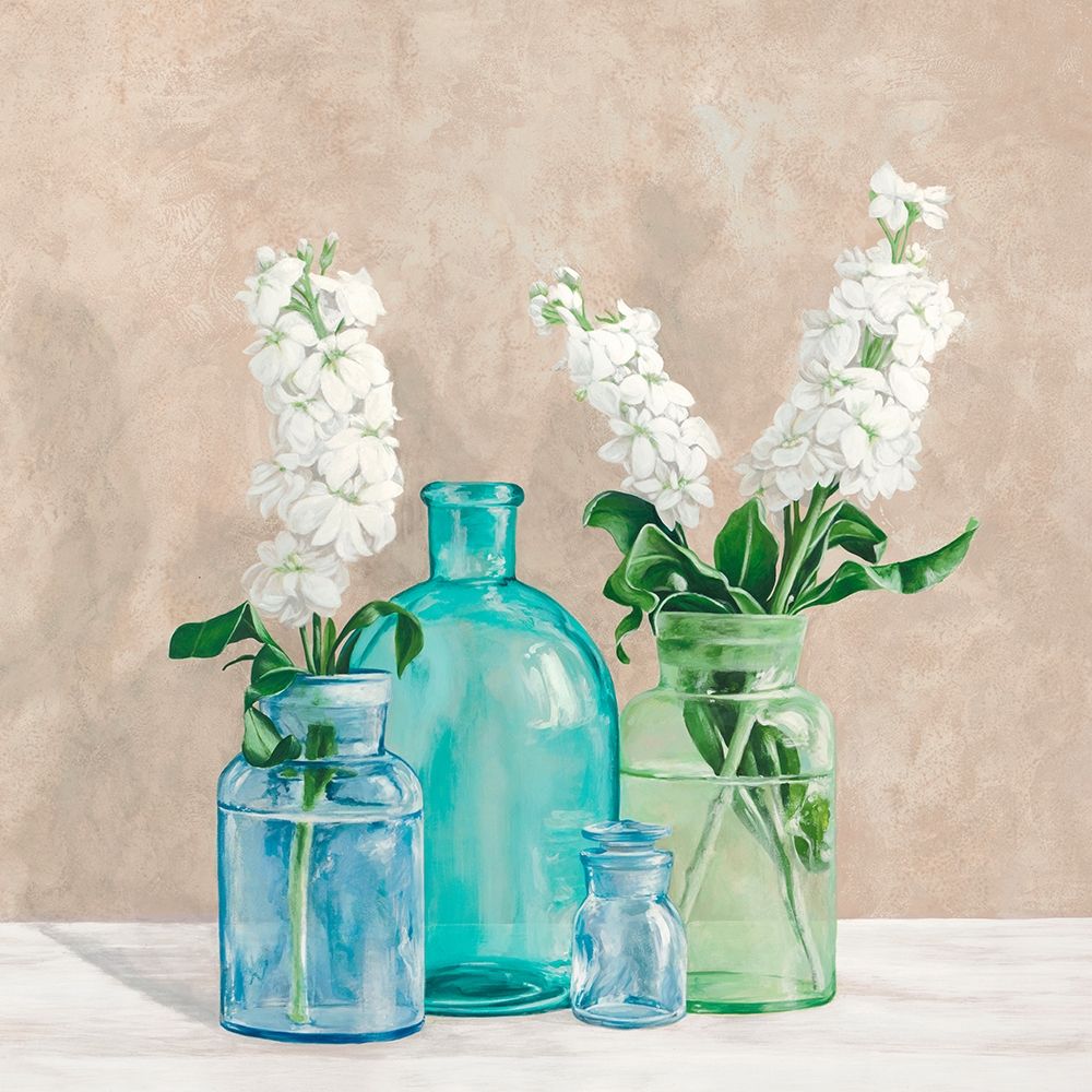 Floral setting with glass vases II art print by Jenny Thomlinson for $57.95 CAD