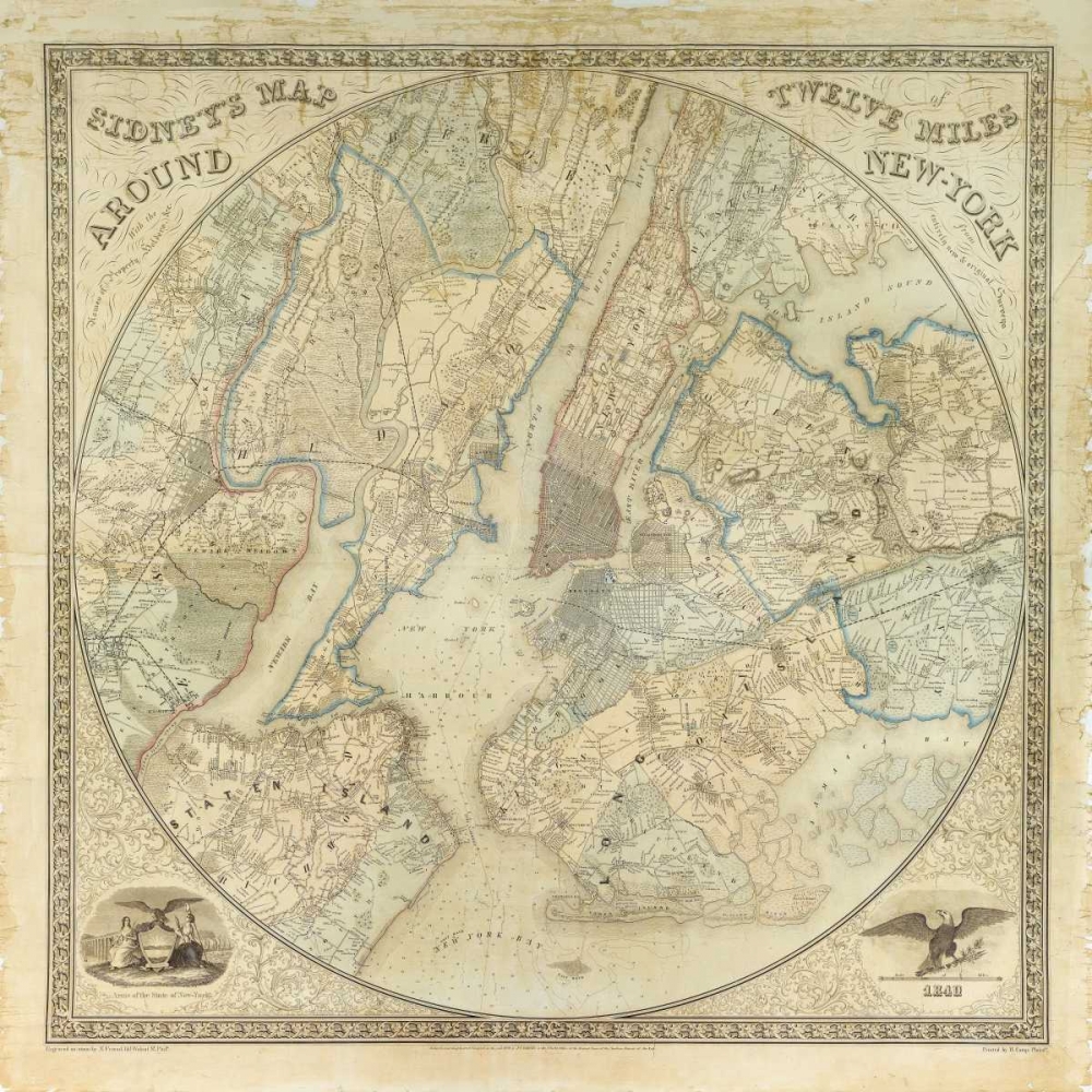 Twelve Miles around NY Map, 1849 art print by Anonymous for $57.95 CAD