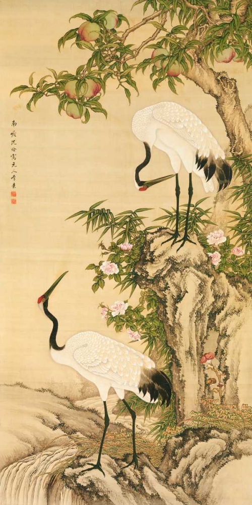 Cranes, Peach Tree, and Chinese Roses art print by Anonymous for $57.95 CAD