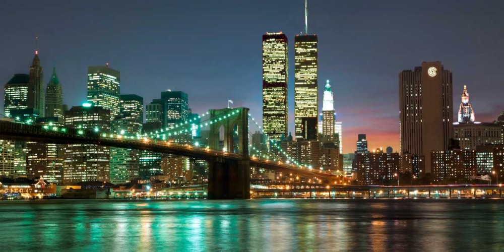 The Brooklyn Bridge and Twin Towers at Night art print by Barry Mancini for $57.95 CAD