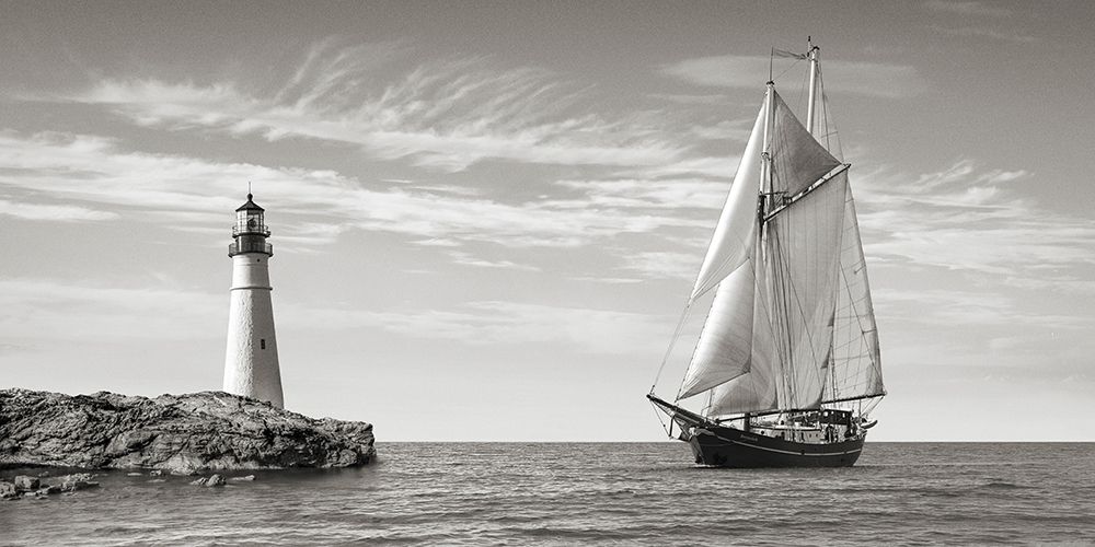 Sailboat approaching Lighthouse, Mediterranean Sea (detail) art print by Pangea Images for $57.95 CAD