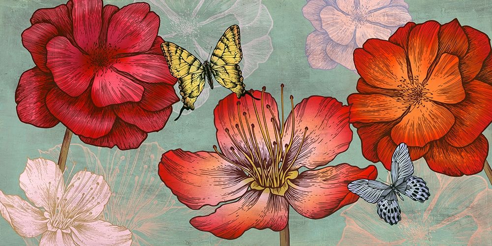 Flowers and Butterflies (Aqua) art print by Eve C. Grant for $57.95 CAD