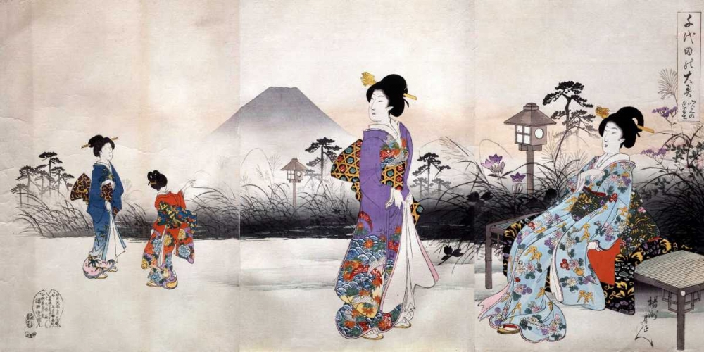 Japonaises en promenade devant le mont Fuji art print by Toyohara for $57.95 CAD