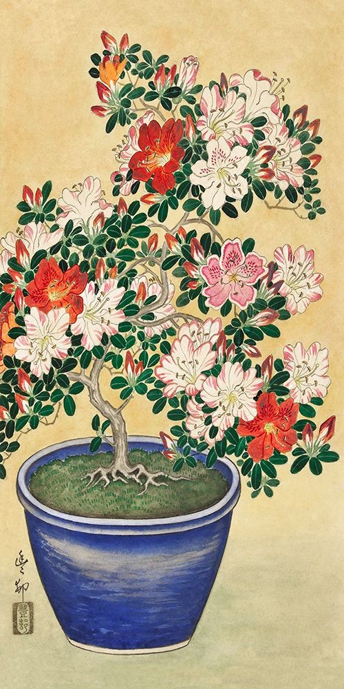 Blooming azalea in blue pot art print by Ohara Koson for $57.95 CAD