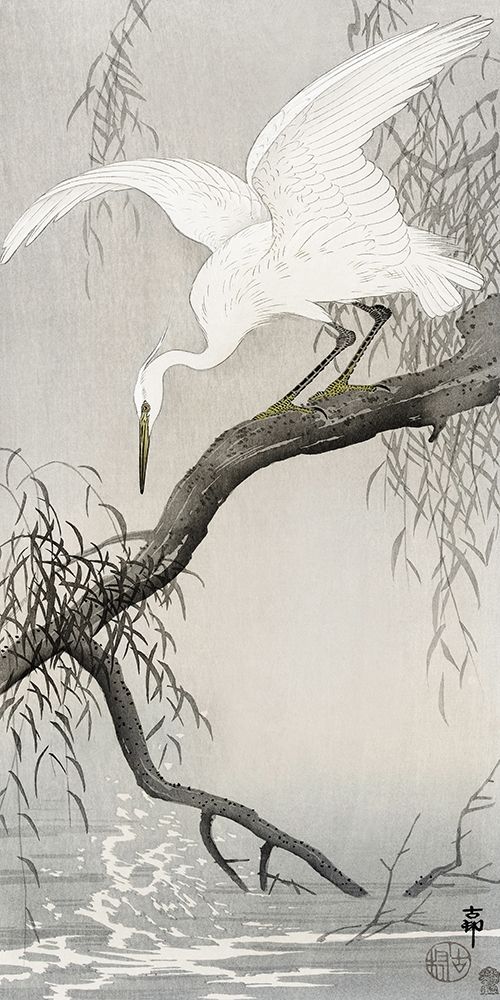 White heron on tree branch art print by Ohara Koson for $57.95 CAD