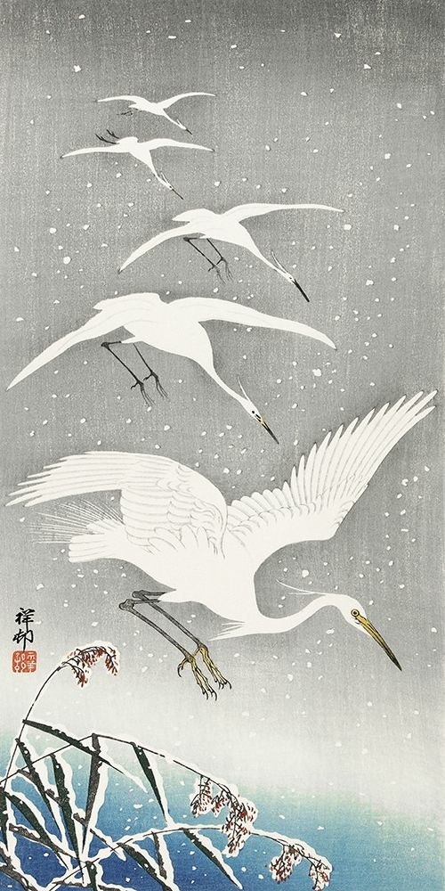 Descending egrets in snow art print by Ohara Koson for $57.95 CAD