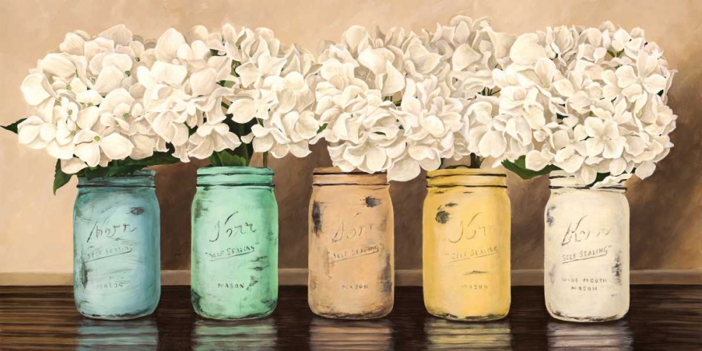 Hydrangeas in Mason Jars art print by Jenny Thomlinson for $57.95 CAD
