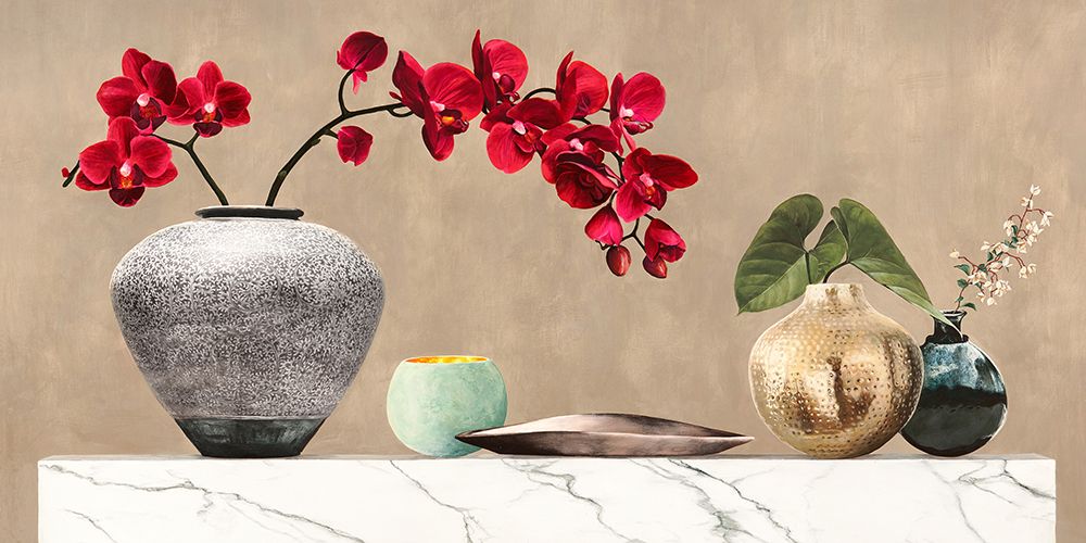 Red Orchids on White Marble art print by Jenny Thomlinson for $57.95 CAD
