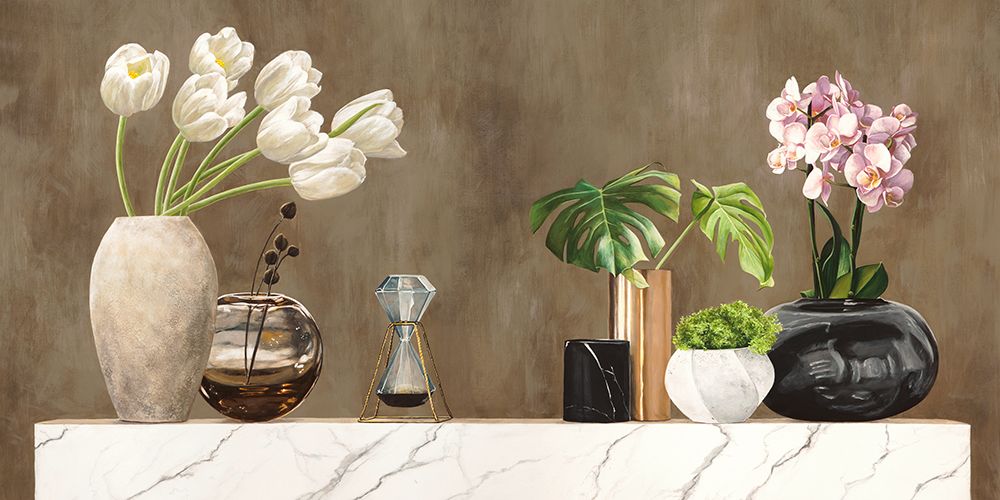 Floral Setting on White Marble art print by Jenny Thomlinson for $57.95 CAD