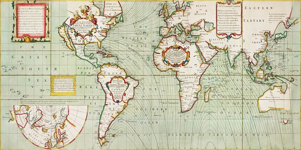 Nova And accuratissima totius terrarum orbis tabula nautica-1707 art print by Samuel Thornton for $57.95 CAD