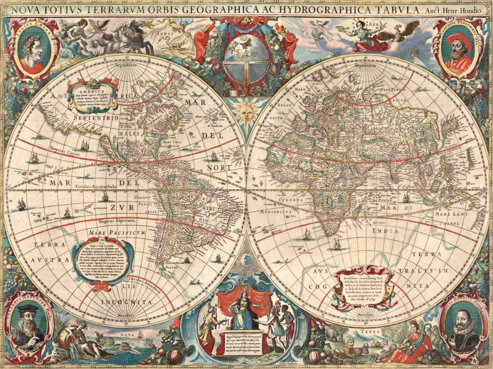 Nova totius Terrarum Orbis geographica ac hydrographica tabula art print by Hendrik Hondius for $57.95 CAD