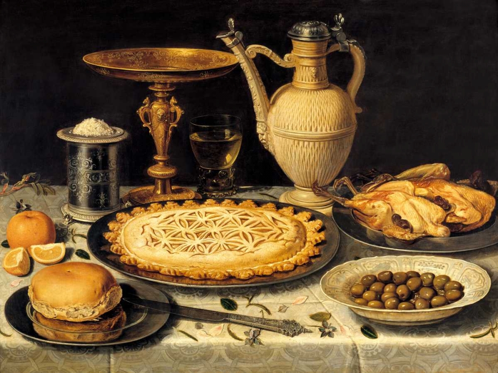 Still life with a tart- roast chicken- bread- rice and olives art print by Clara Peeters for $57.95 CAD