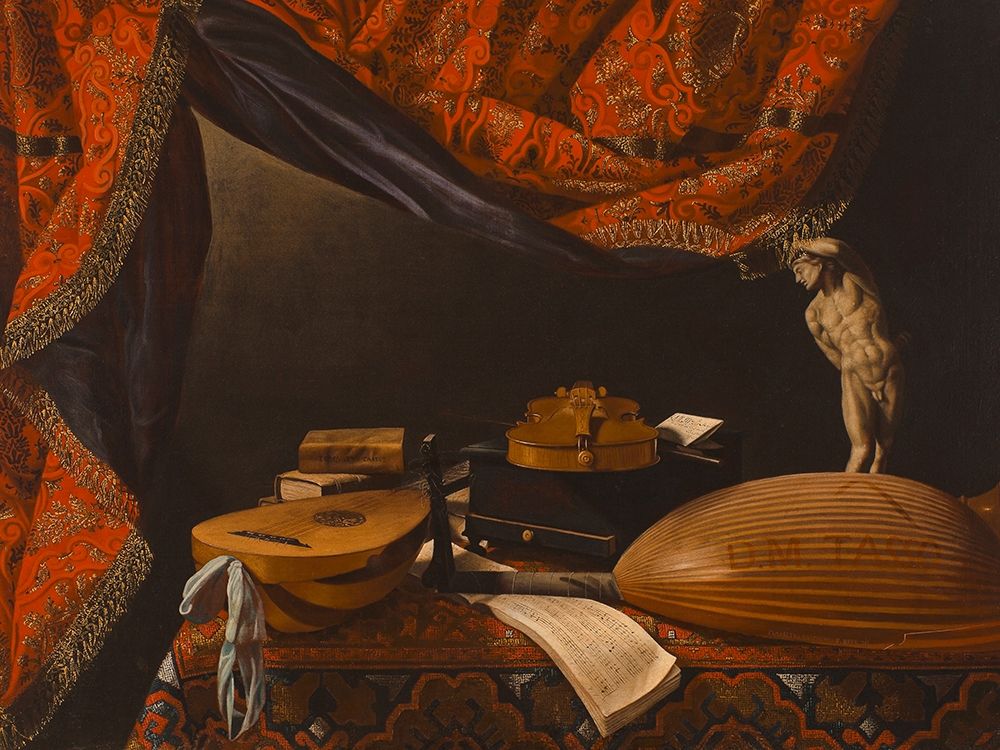 Still Life with Musical Instruments, Books and Sculpture art print by Evaristo Baschenis for $57.95 CAD