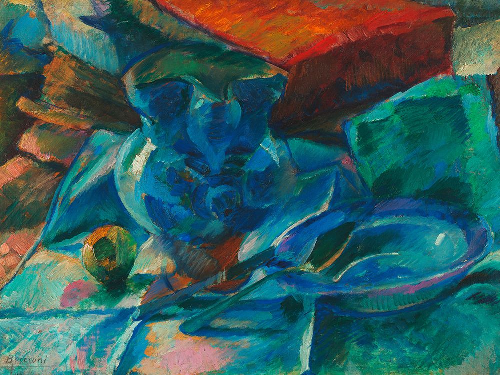 Natura morta di terraglie posate e frutta, 1915-1916 art print by Umberto Boccioni for $57.95 CAD