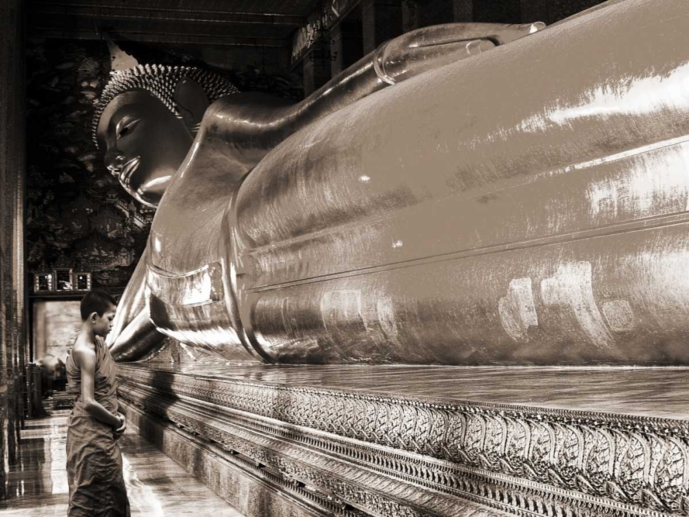 Praying the reclined Buddha, Wat Pho, Bangkok, Thailand (sepia) art print by Pangea Images for $57.95 CAD