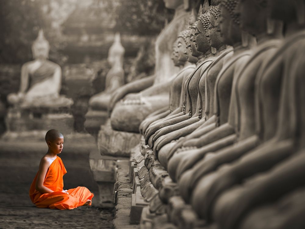 Young Buddhist Monk praying, Thailand (BW) art print by Pangea Images for $57.95 CAD