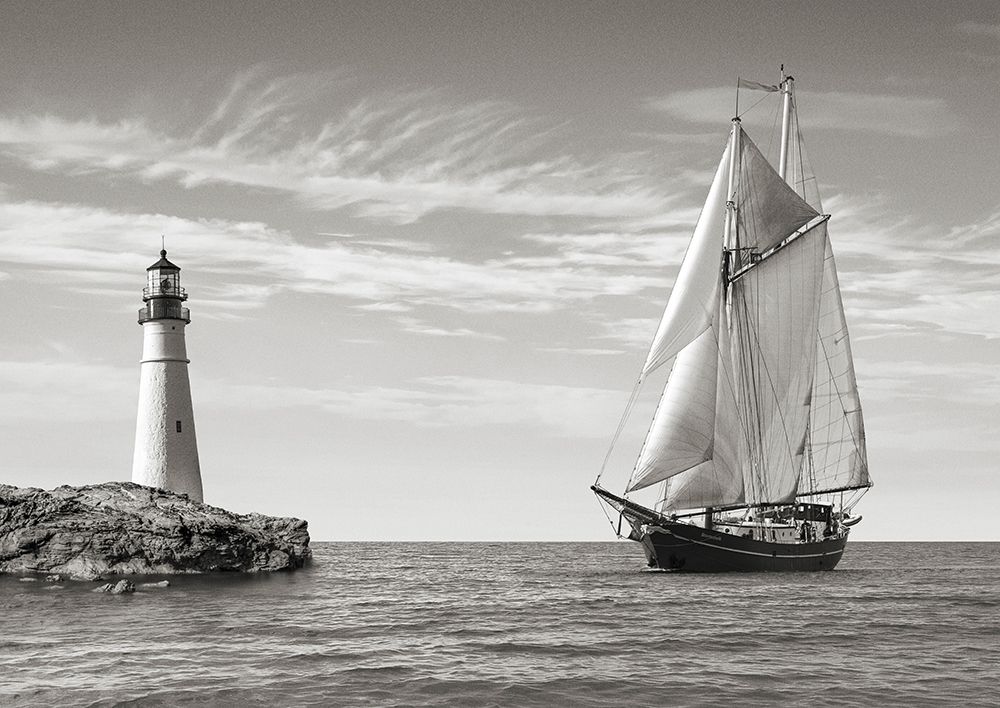 Sailboat approaching Lighthouse, Mediterranean Sea art print by Pangea Images for $57.95 CAD