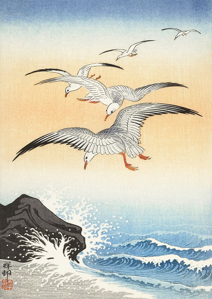 Five seagulls above turbulent sea art print by Ohara Koson for $57.95 CAD