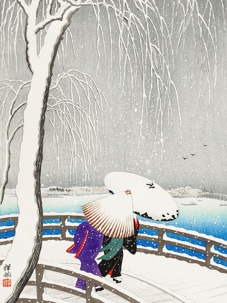 Two women in the snow on Yanagi Bridge art print by Ohara Koson for $57.95 CAD
