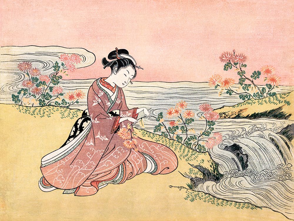 Japanese woman picking chrysanthemum art print by Suzuki Harunobu for $57.95 CAD
