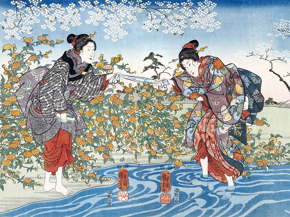 Japanese girls by Ide Tama River, 1847 art print by Utagawa Kuniyoshi for $57.95 CAD