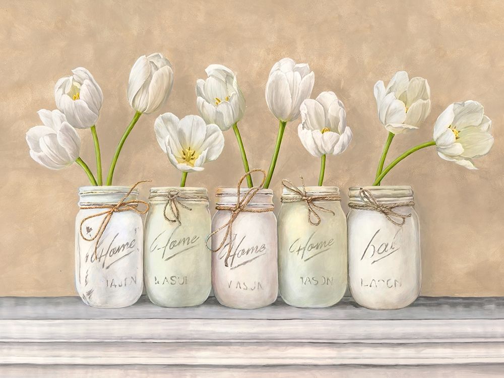 White Tulips in Mason Jars art print by Jenny Thomlinson for $57.95 CAD
