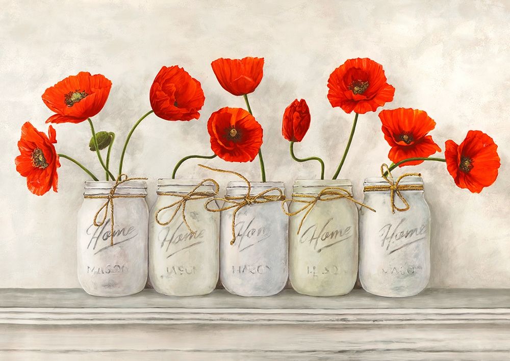 Red Poppies in Mason Jars art print by Jenny Thomlinson for $57.95 CAD