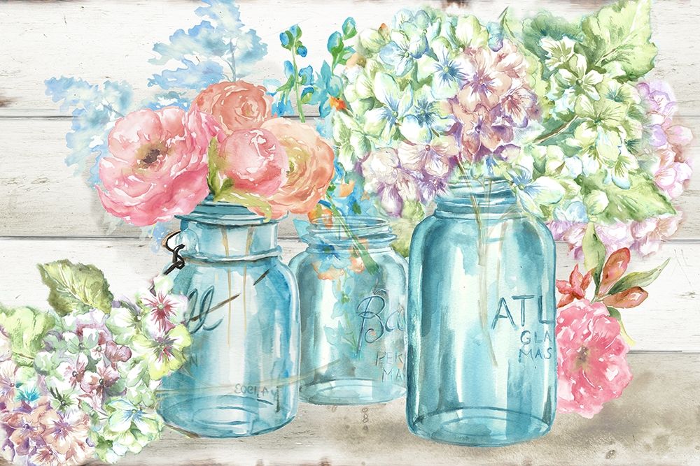 Colorful Flowers in Mason Jar Landscape art print by Tre Sorelle Studios for $57.95 CAD