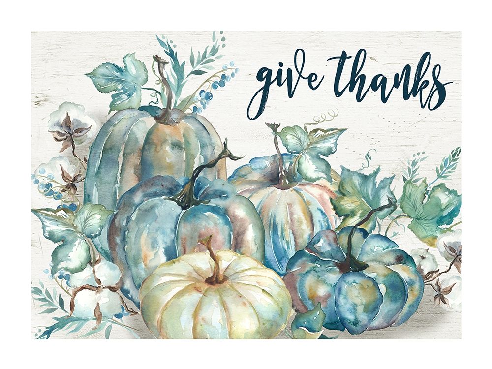 Blue Watercolor Harvest Pumpkin Landscape Give Thanks art print by Tre Sorelle Studios for $57.95 CAD