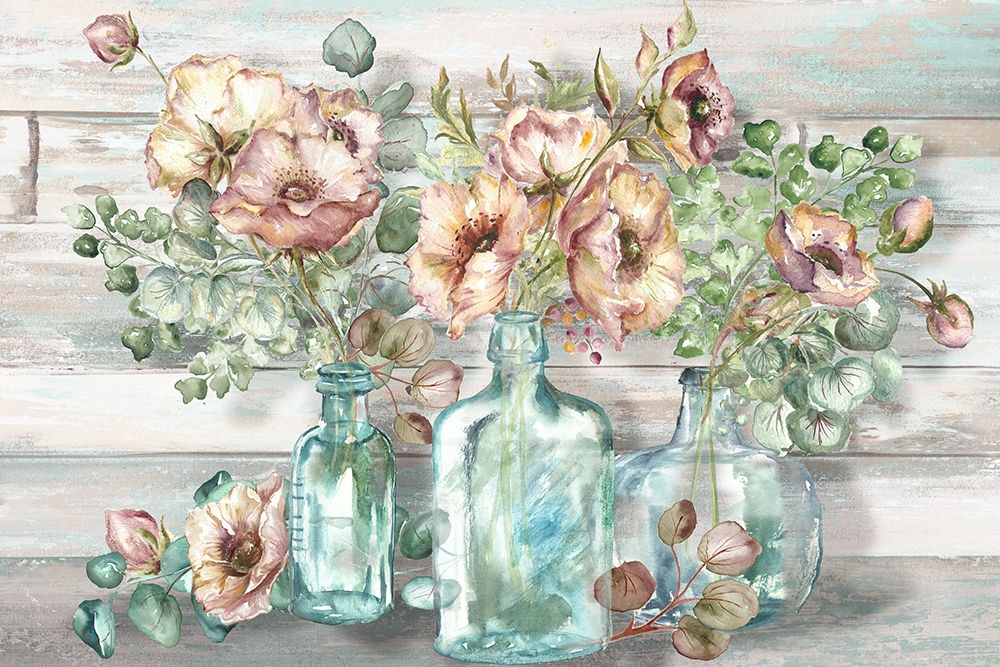 Blush Poppies and Eucalyptus in bottles landscape art print by Tre Sorelle Studios for $57.95 CAD