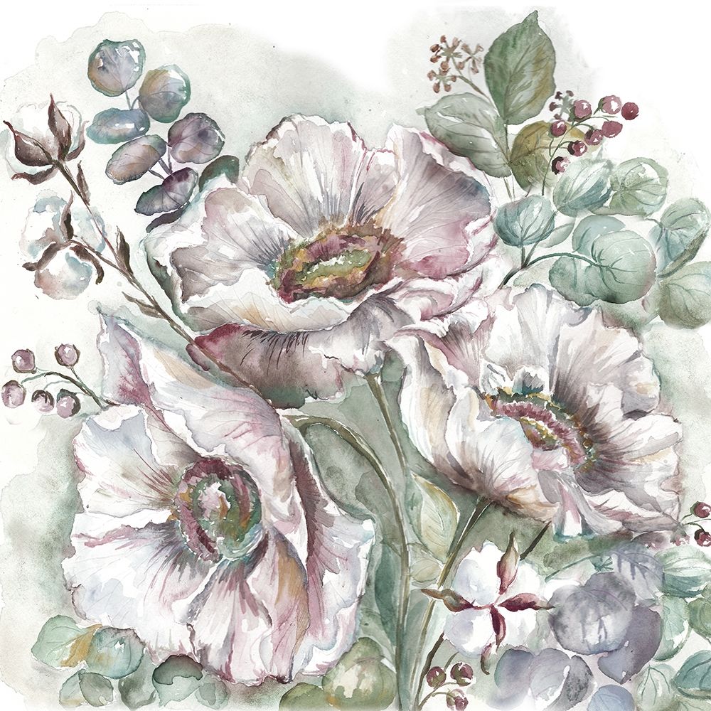 Blush Poppies and Eucalyptus art print by Tre Sorelle Studios for $57.95 CAD
