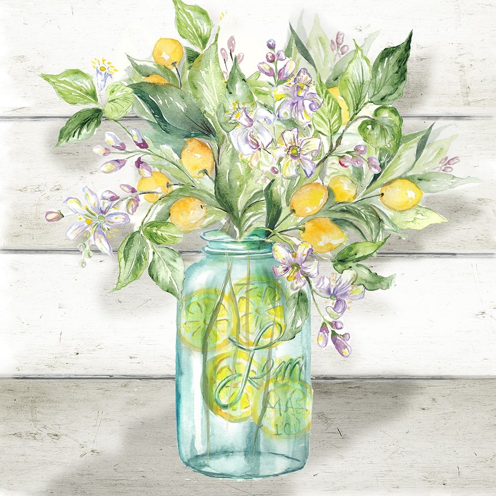 Watercolor Lemons in  Mason Jar on shiplap art print by Tre Sorelle Studios for $57.95 CAD