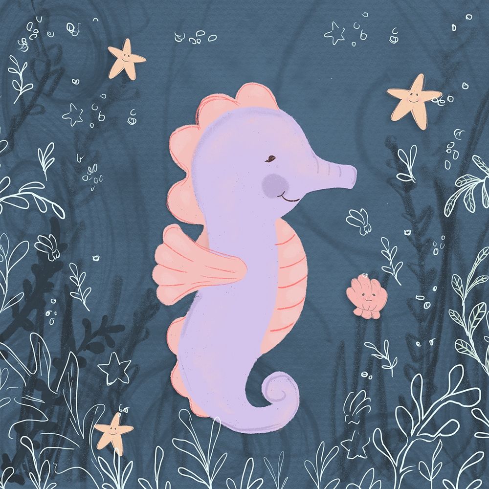 Seahorse and Turtle Blue I art print by h.artworks for $57.95 CAD