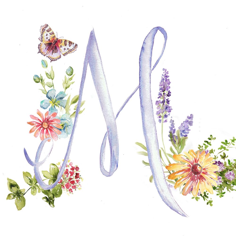 Watercolor Herb Blossom Monogram M art print by Tre Sorelle Studios for $57.95 CAD
