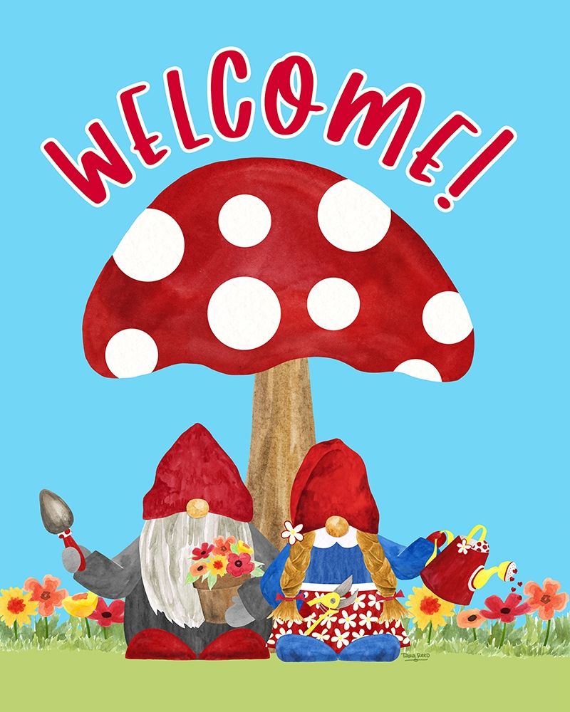 Gardening Gnomes Sentiment portrait II-Welcome art print by Tara Reed for $57.95 CAD