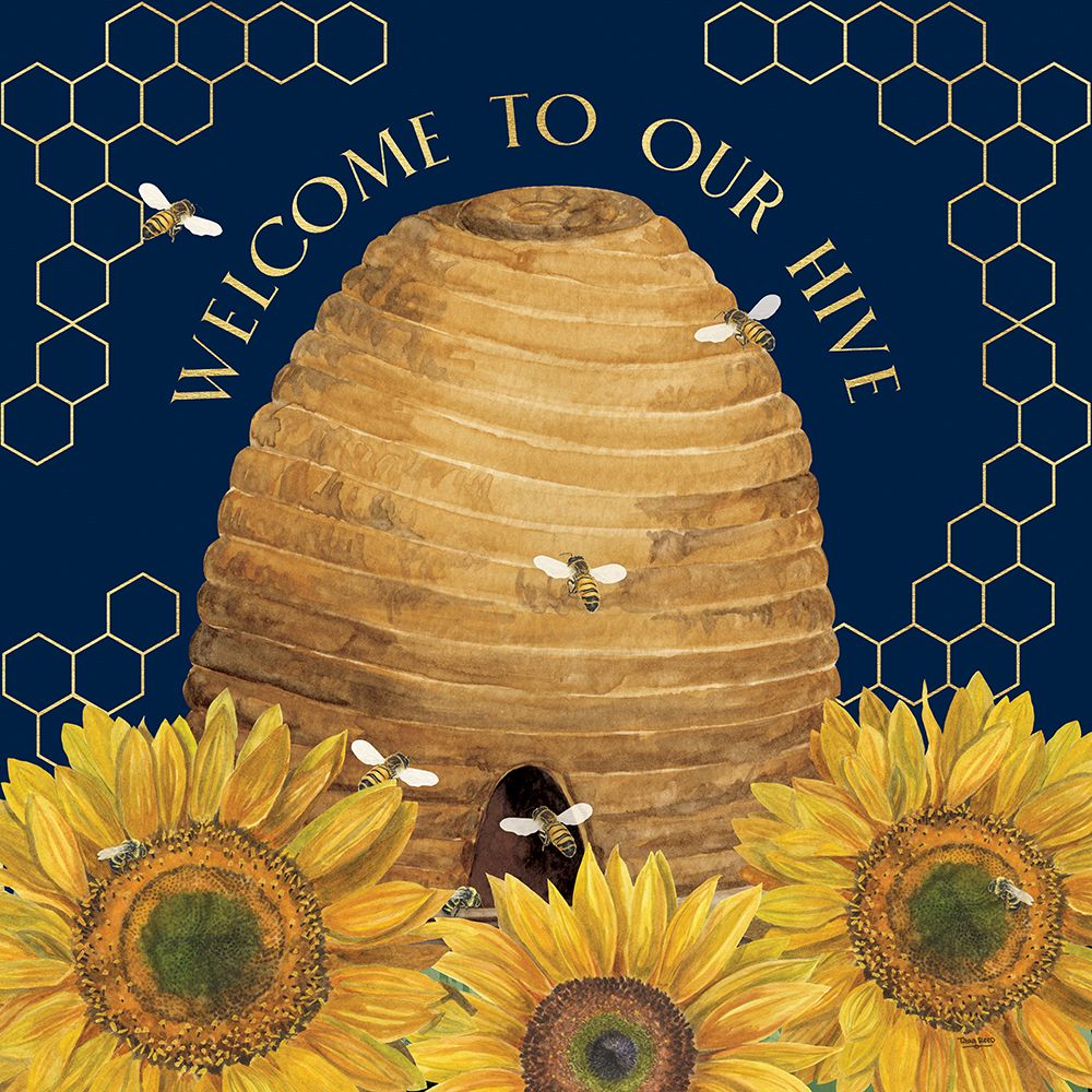 Honey Bees And Flowers Please on blue III-Welcome art print by Tara Reed for $57.95 CAD