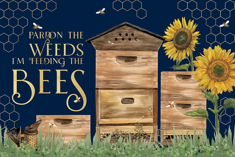 Honey Bees And Flowers Please landscape on blue I-Pardon the Weeds art print by Tara Reed for $57.95 CAD